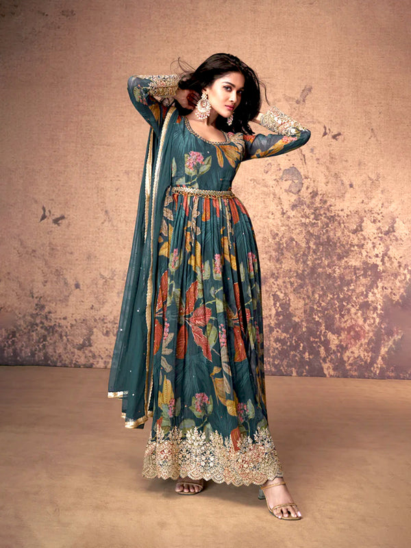Emerald Green Georgette Anarkali with Floral Print and Gota Patti Work
