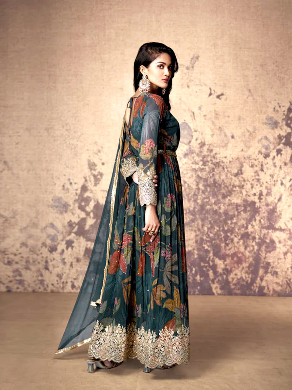 Emerald Green Georgette Anarkali with Floral Print and Gota Patti Work
