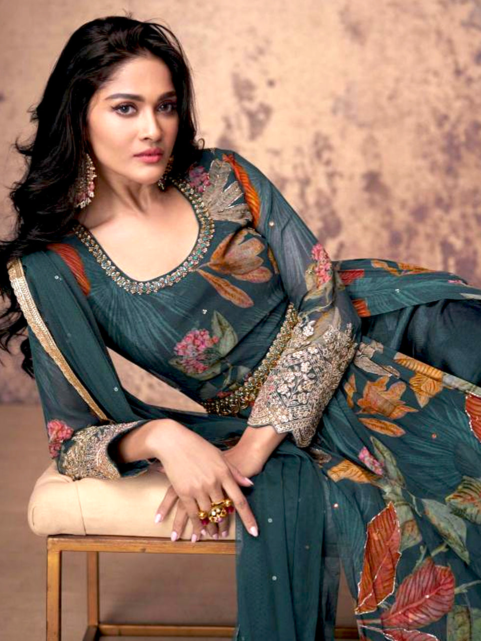 Emerald Green Georgette Anarkali with Floral Print and Gota Patti Work
