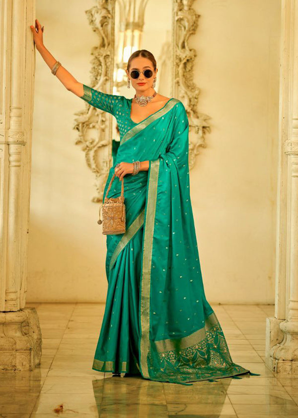 Emerald Green Satin Silk Saree with Zari border and Heavy Sequin 