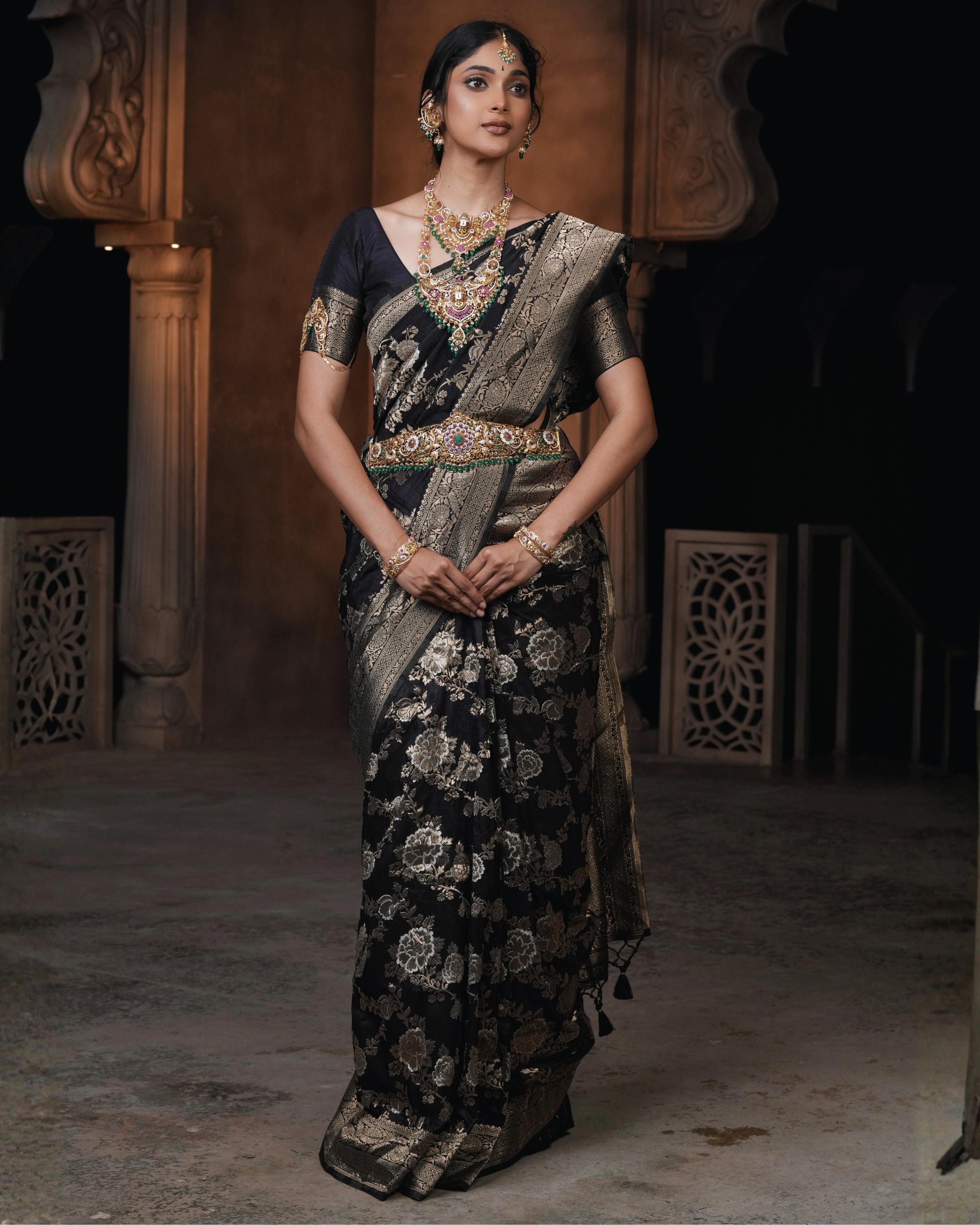 Black Silk Saree with All-over Golden Zari Floral Weaving with Matching Blouse