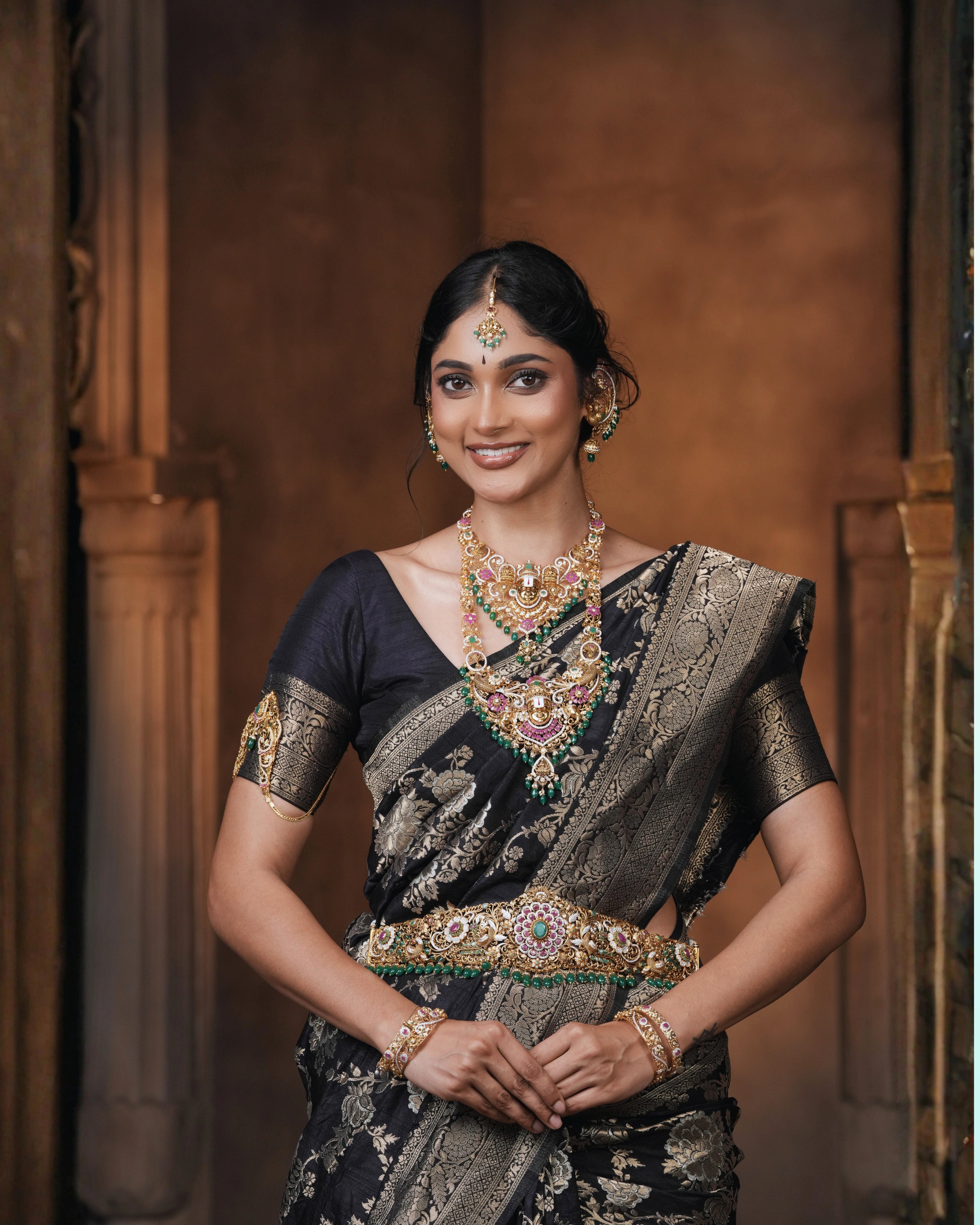 Black Silk Saree with All-over Golden Zari Floral Weaving with Matching Blouse