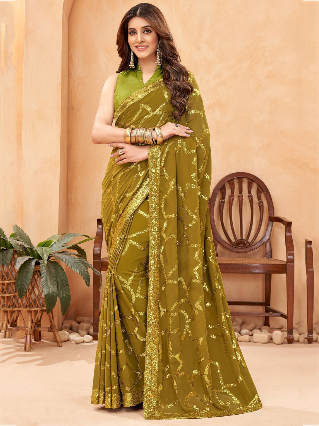 Gold Georgette Saree with Sequin Embroidery 