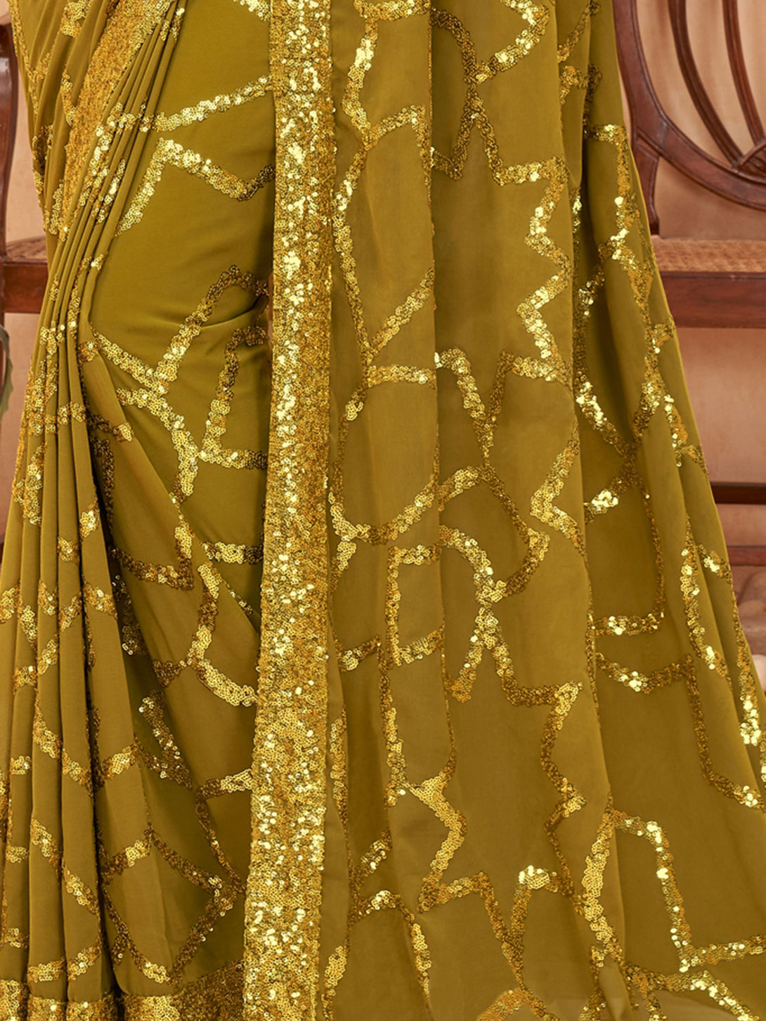 Gold Georgette Saree with Sequin Embroidery 