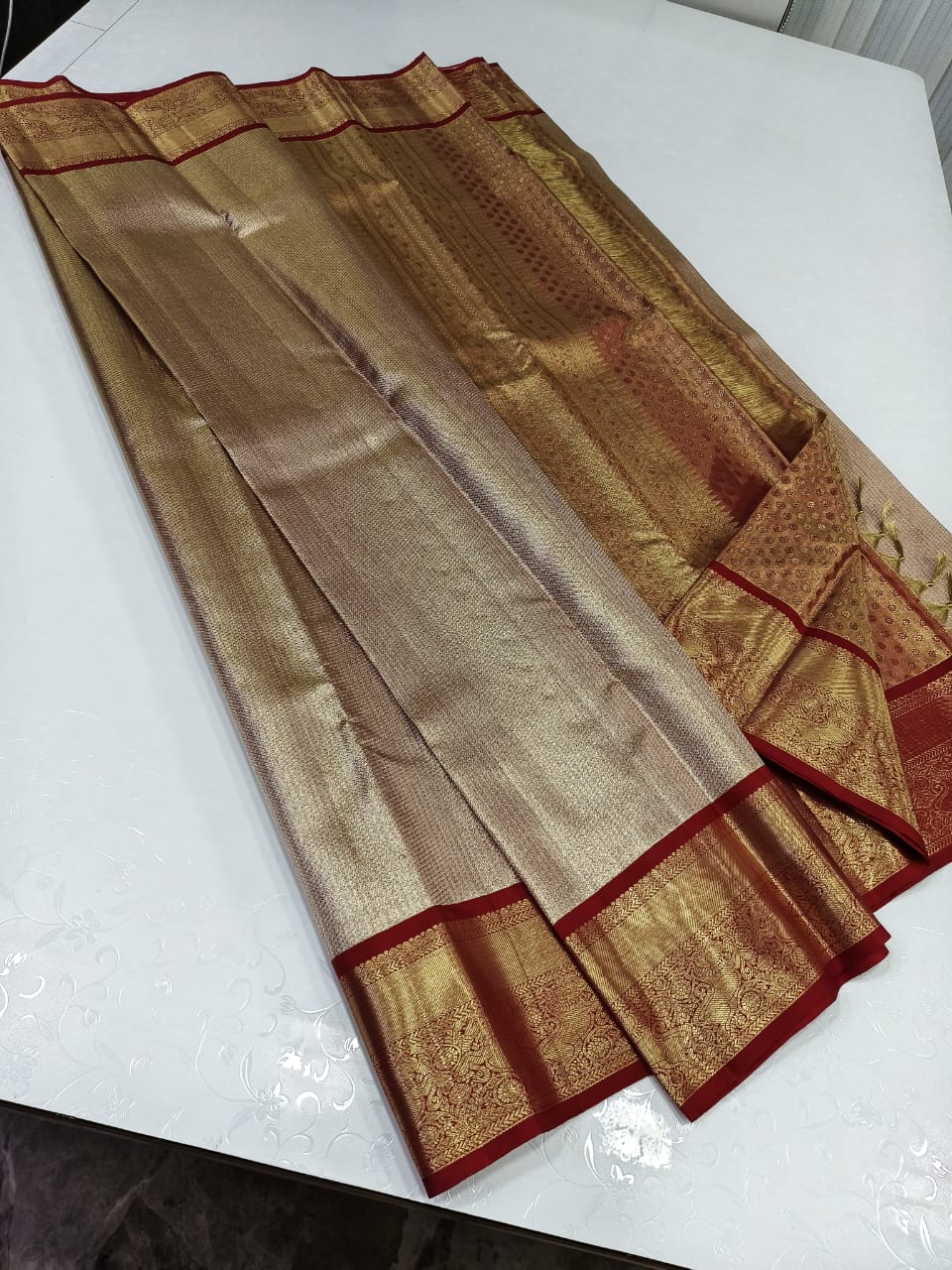Gold Kanchipuram Silk Saree with Pure 2g Zari Work and Golden Border
