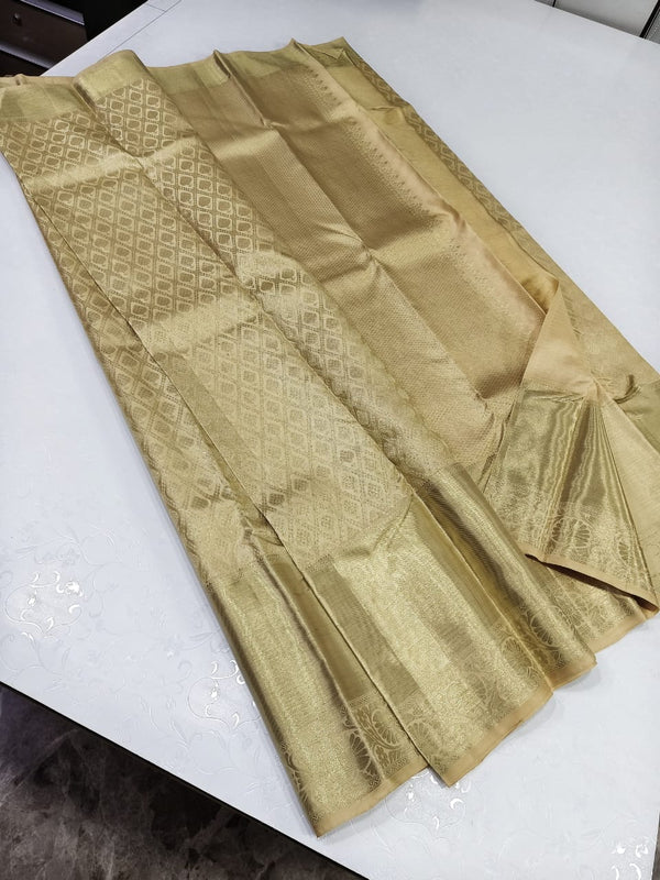 Gold Kanchipuram Silk Saree with Pure 2g Zari Work and Zari Border for Festive
