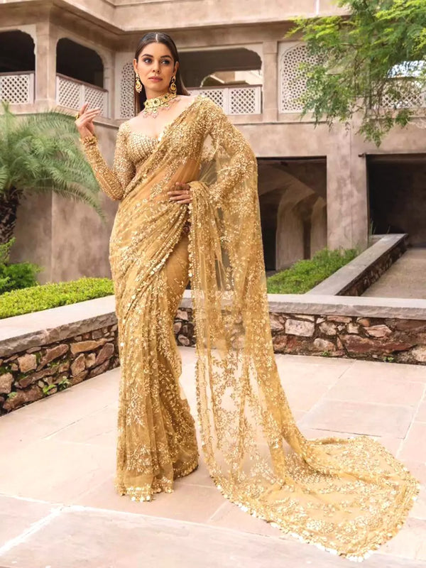Gold Shimmer Net Saree with Sequins Work
