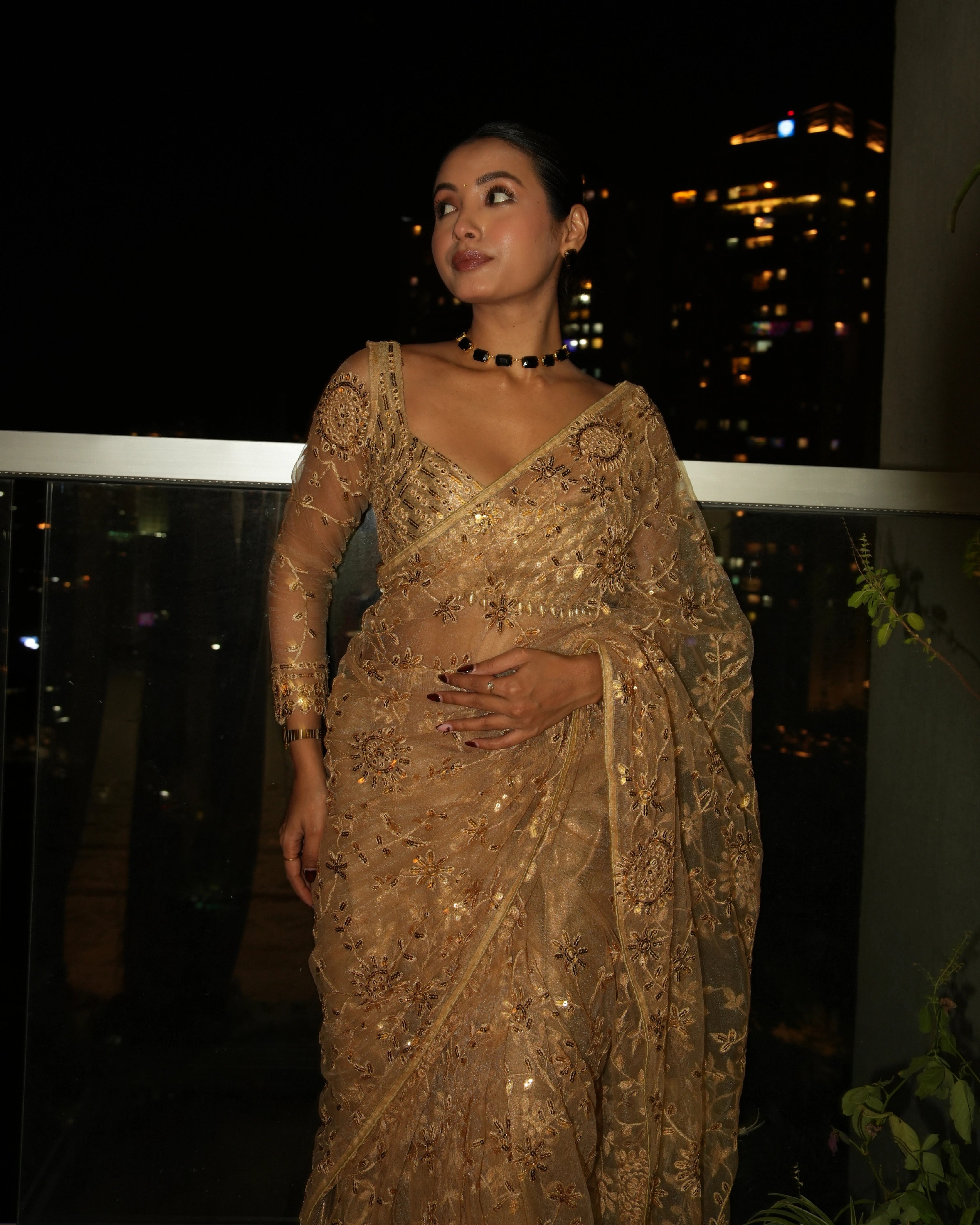 Gold Shimmer Sequin Net Saree with All Over Floral Thread Work and Full Sleeves Silk Blouse