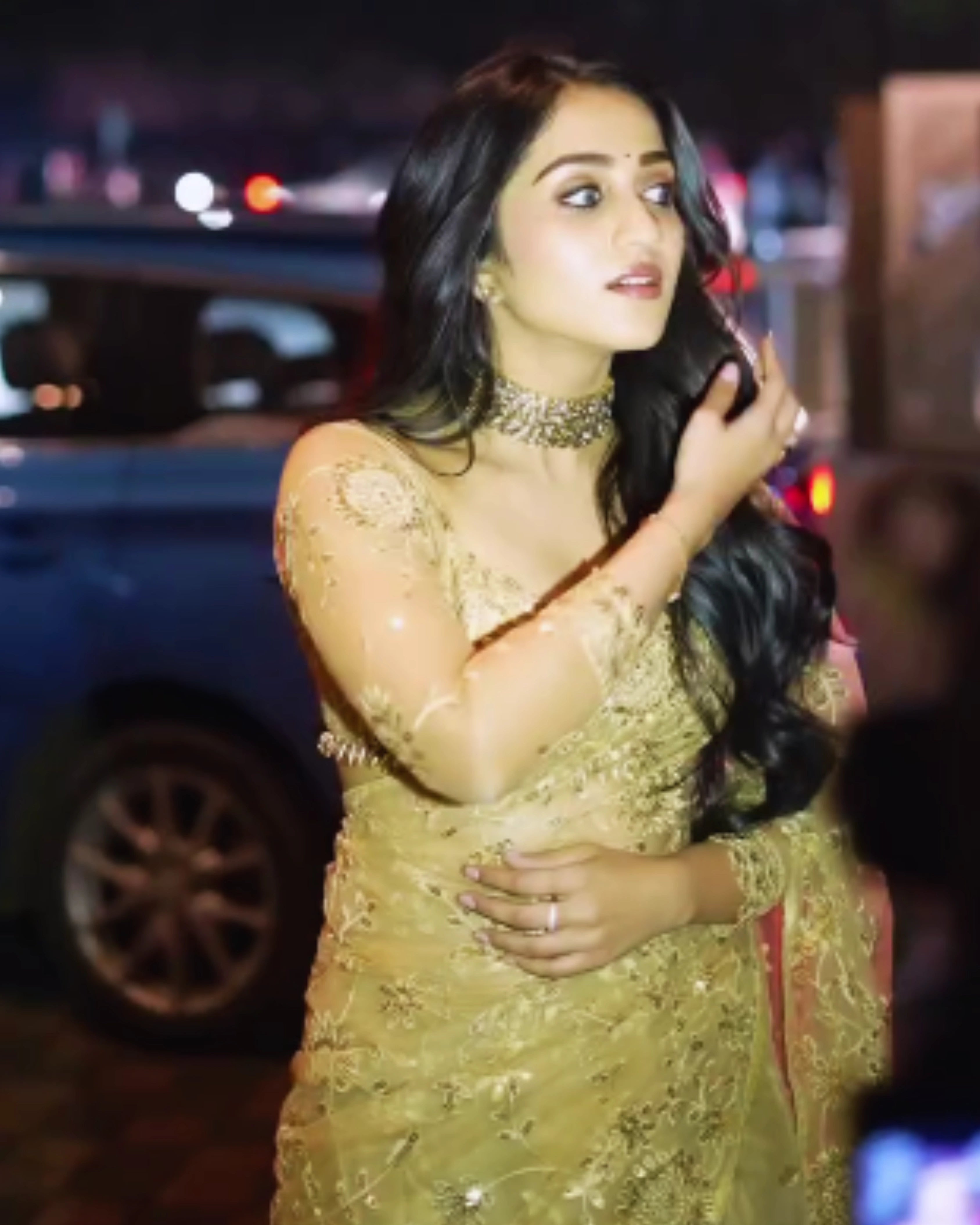 Gold Shimmer Sequin Net Saree with All Over Floral Thread Work and Full Sleeves Silk Blouse