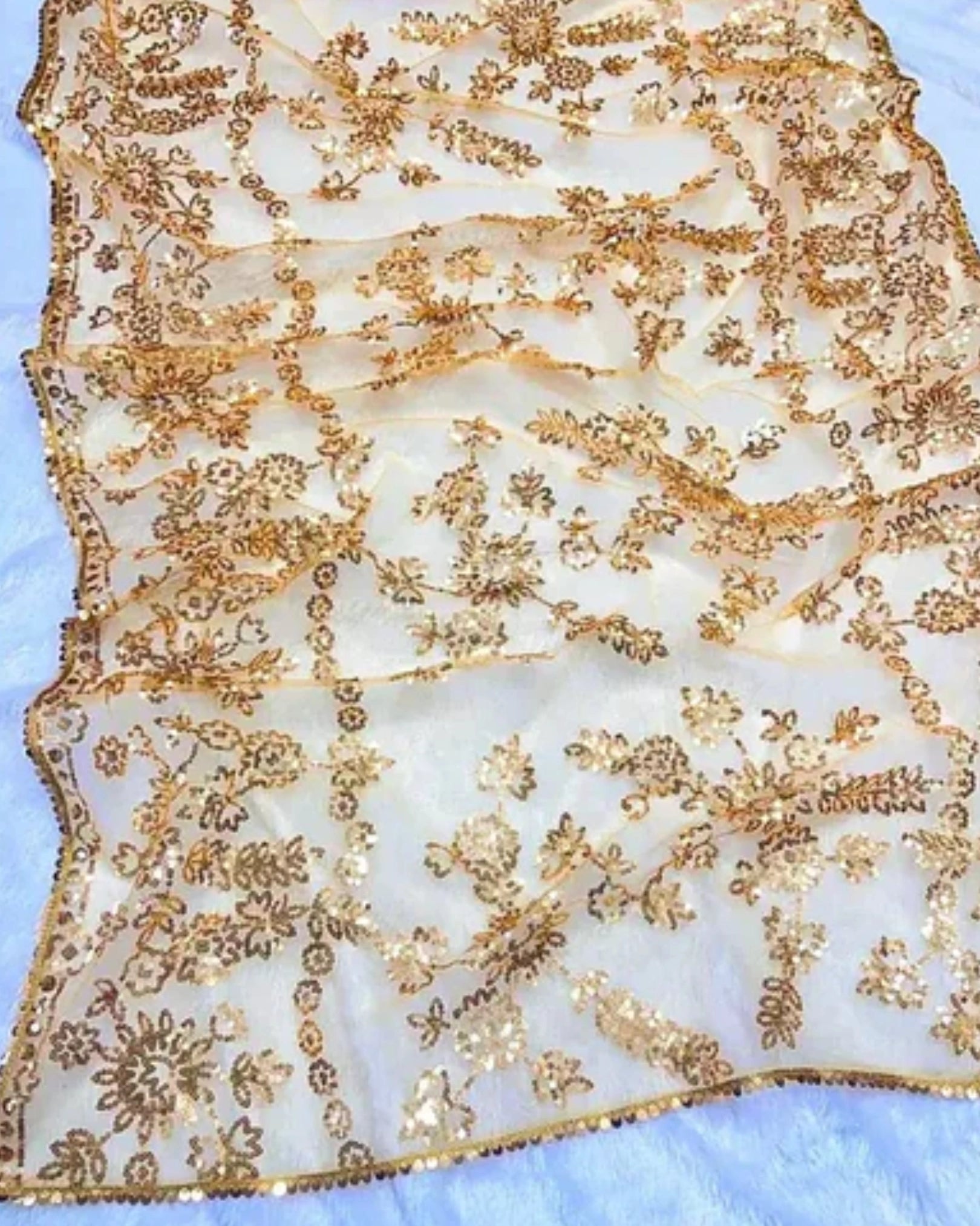 Gold Shimmer Sequin Net Saree with All Over Floral Thread Work and Full Sleeves Silk Blouse