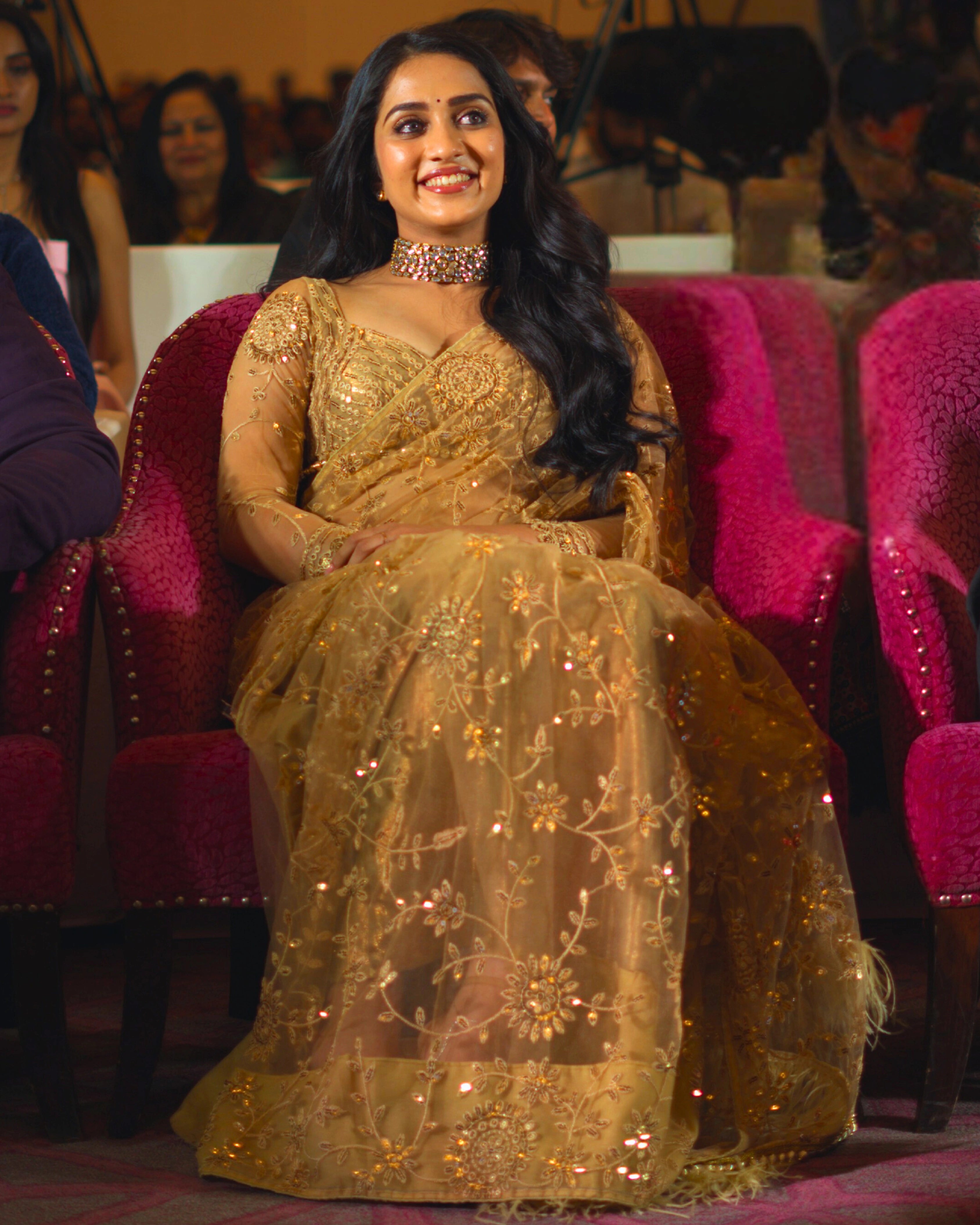 Gold Shimmer Sequin Net Saree with All Over Floral Thread Work and Full Sleeves Silk Blouse