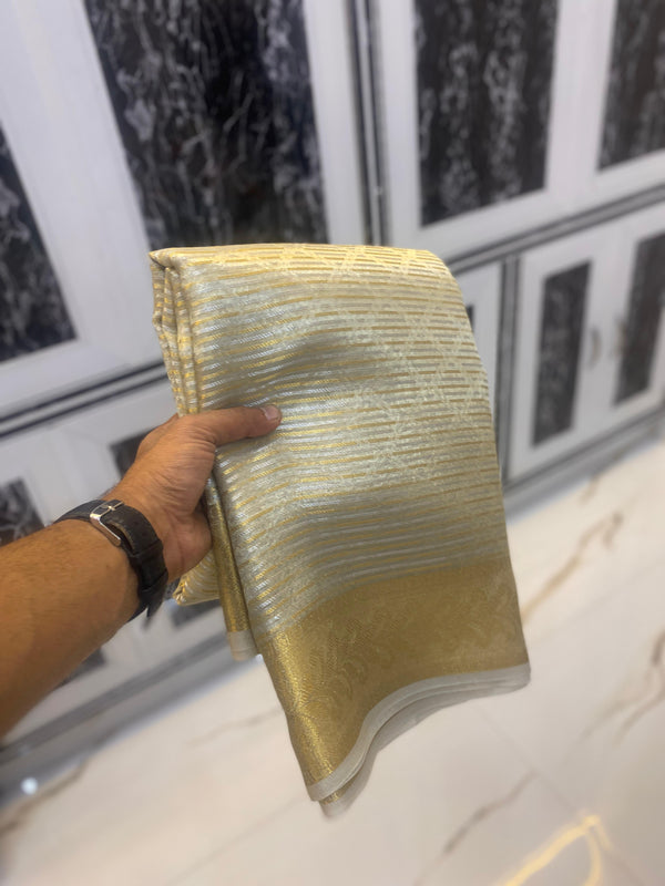 Gold Tissue Banarasi Saree with Gold Zari Broder and stripes Work
