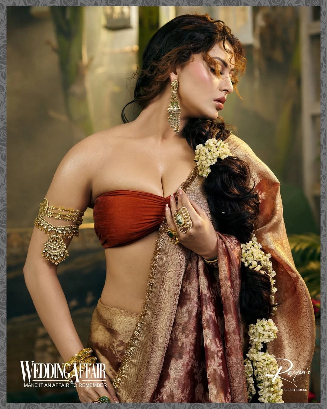 Orange Banarasi Silk Saree with Pure Gold Zari Floral Weaving and Matching Checked Blouse