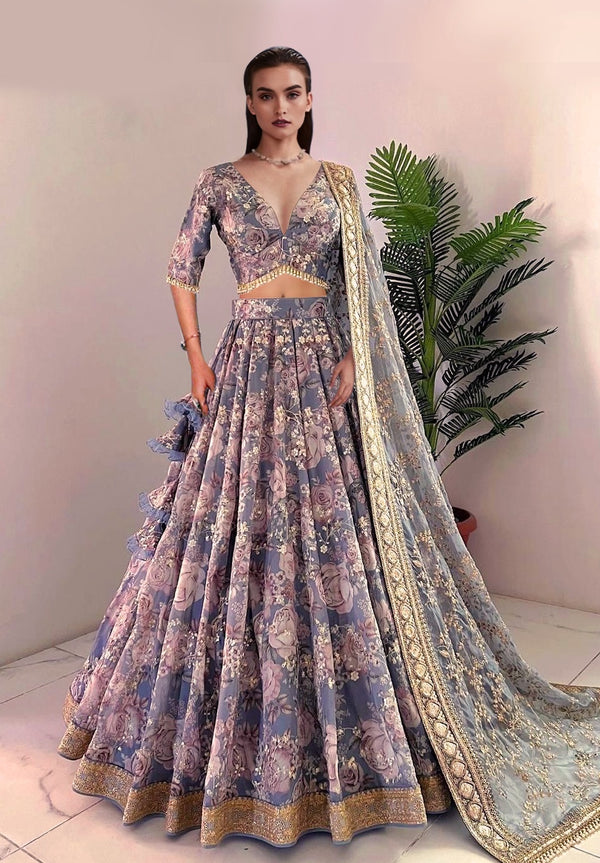 Gray Chinon Silk Lehenga with Thread Embroidery and floral Digital Prints perfect
