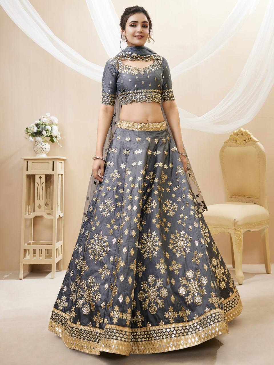 Gray Silk Bridal Lehenga with Zari and Mirror Embroidery Motifs and floral work
