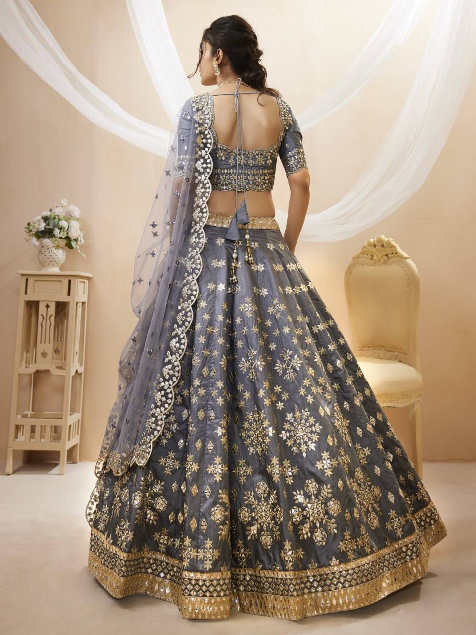 Gray Silk Bridal Lehenga with Zari and Mirror Embroidery Motifs and floral work
