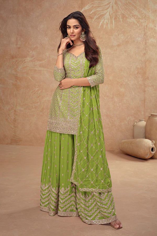 Green Georgette Salwar Kameez featuring Chevron Pattern with Sequin and Motif Design
