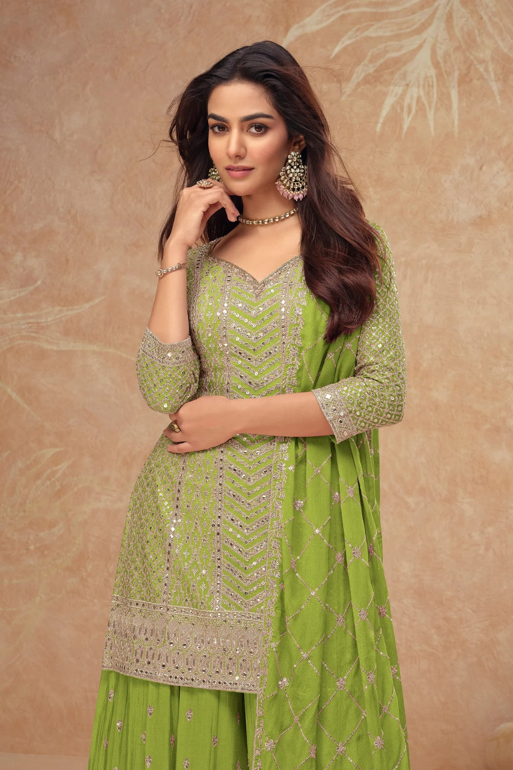 Green Georgette Salwar Kameez featuring Chevron Pattern with Sequin and Motif Design