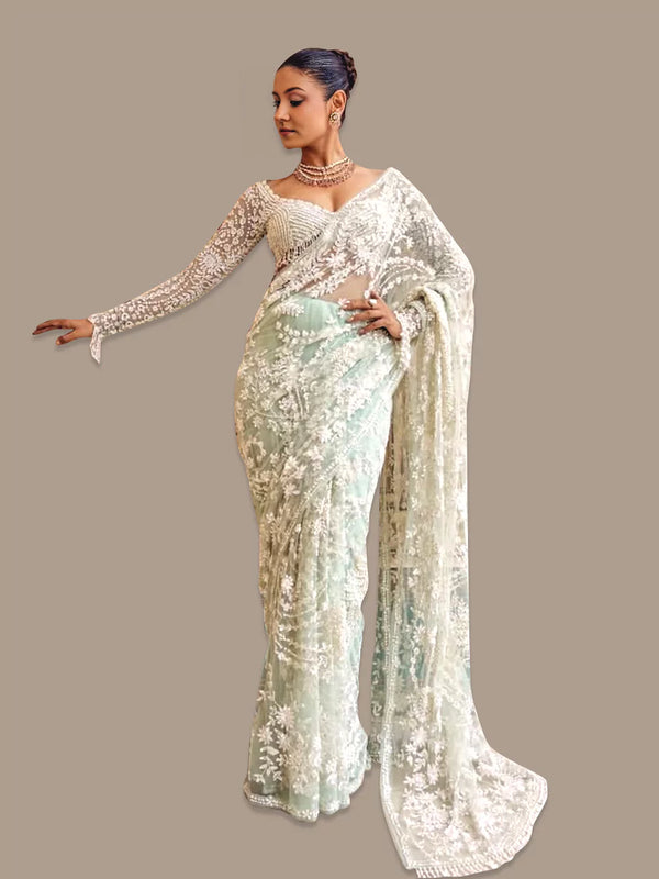 Green Net Saree with All-Over Embroidery Work