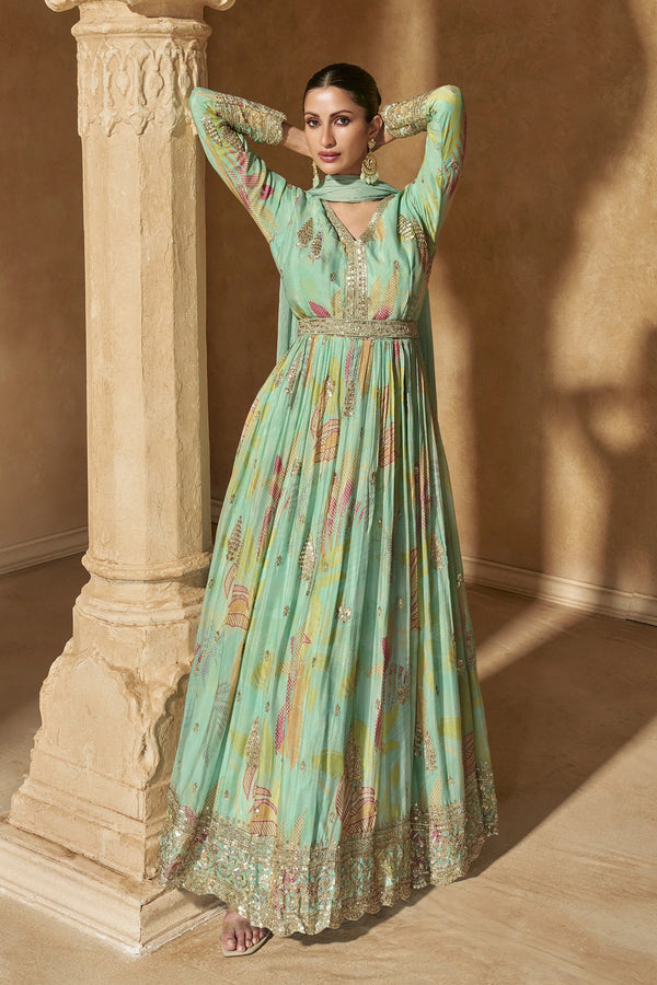 Green Silk Anarkali Gown with Floral Print and Sequin Embroidery Work
