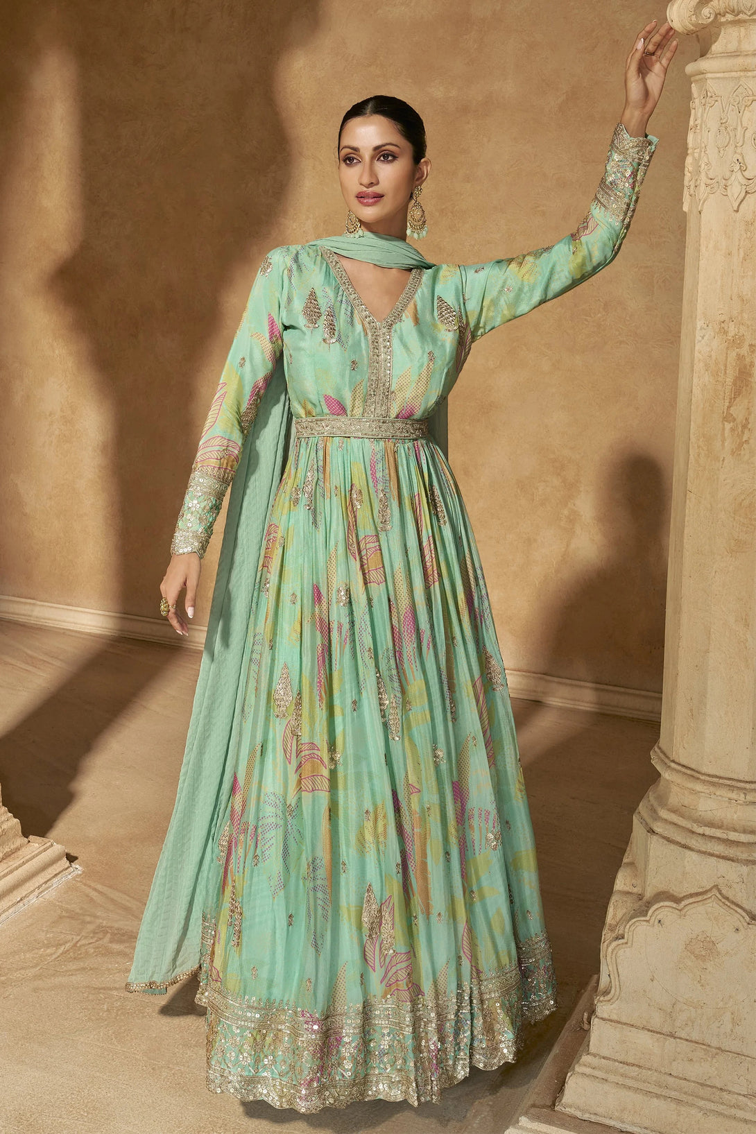 Green Silk Anarkali Gown with Floral Print and Sequin Embroidery Work

