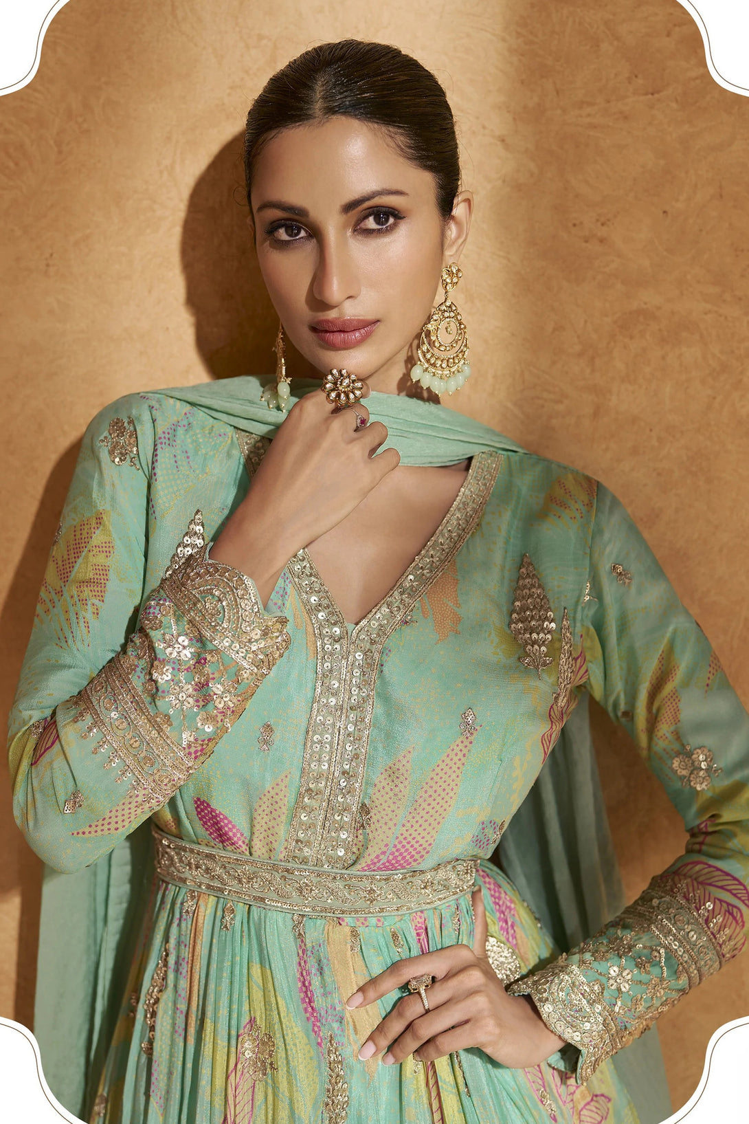 Green Silk Anarkali Gown with Floral Print and Sequin Embroidery Work
