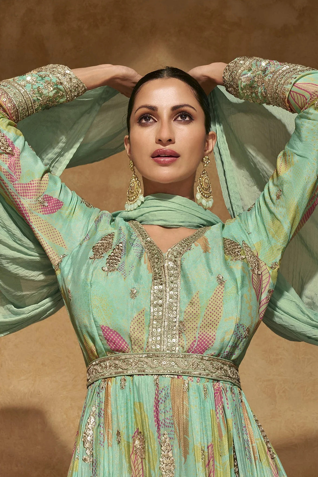 Green Silk Anarkali Gown with Floral Print and Sequin Embroidery Work
