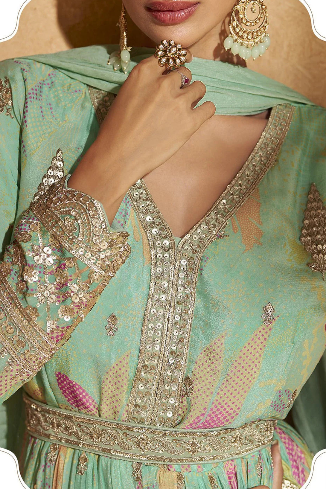 Green Silk Anarkali Gown with Floral Print and Sequin Embroidery Work
