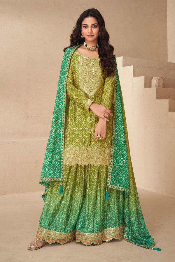 Green Silk Salwar Kameez with Bandhani Print and Gota Patti Embroidery
