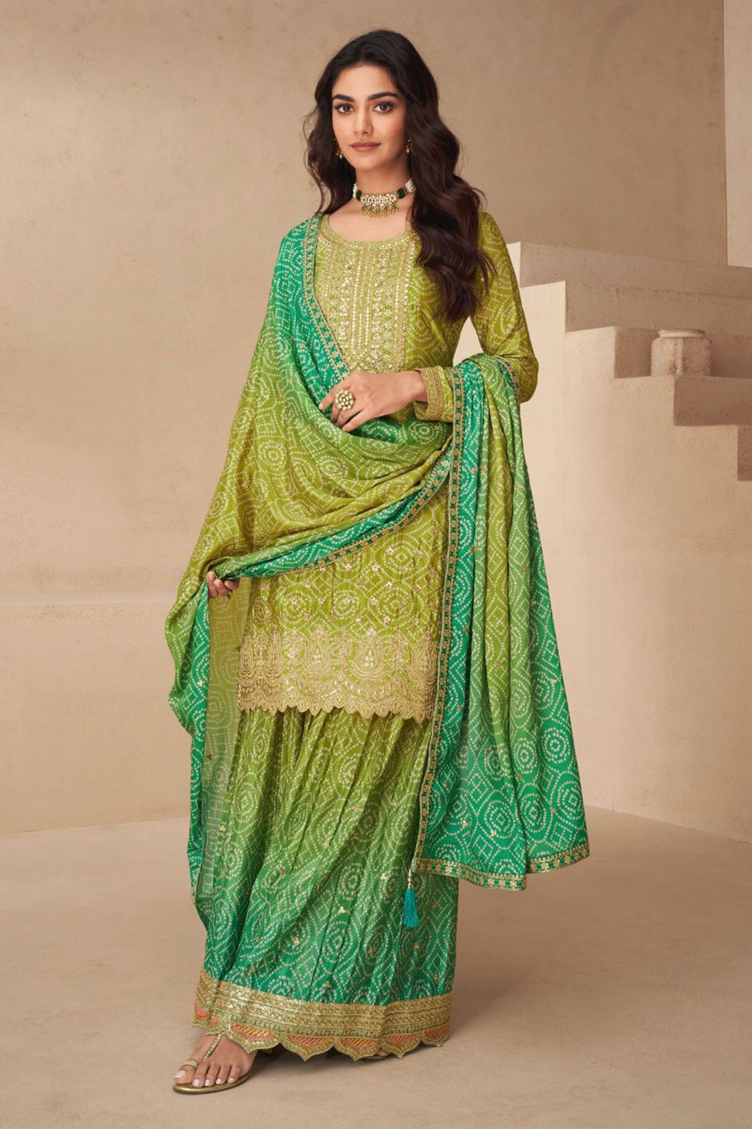 Green Silk Salwar Kameez with Bandhani Print and Gota Patti Embroidery
