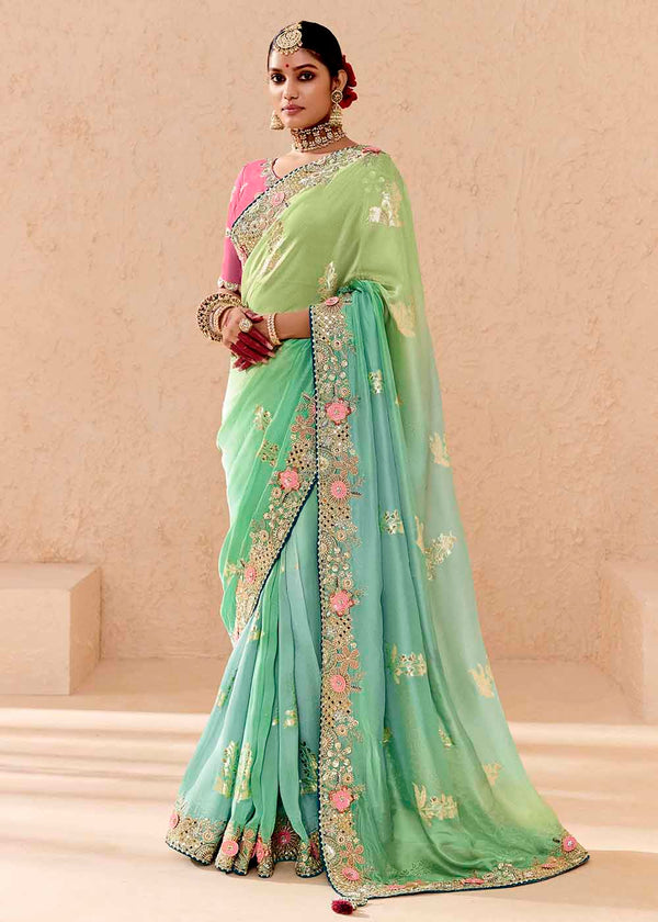 Green Silk Saree with Sequins, Thread and Stone Embroidery 