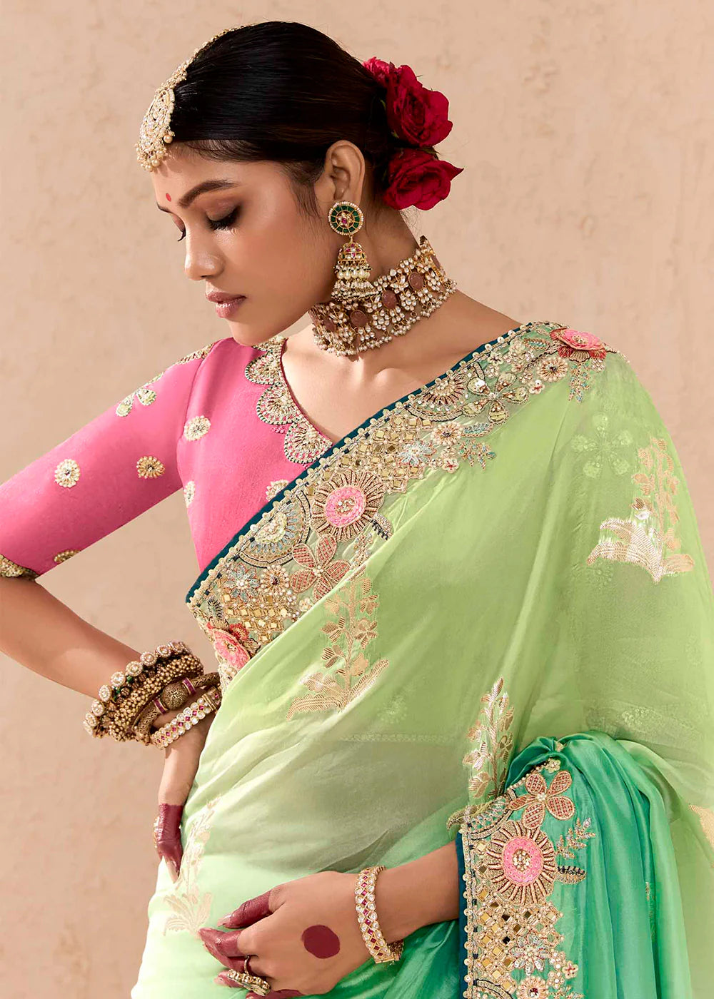 Green Silk Saree with Sequins, Thread and Stone Embroidery 