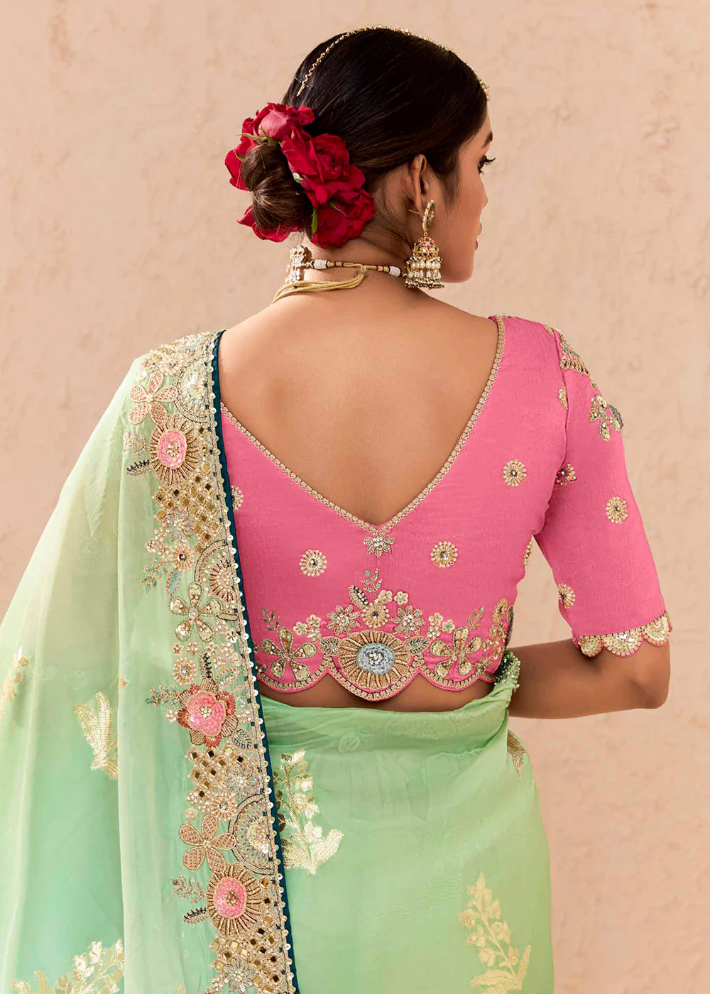 Green Silk Saree with Sequins, Thread and Stone Embroidery 