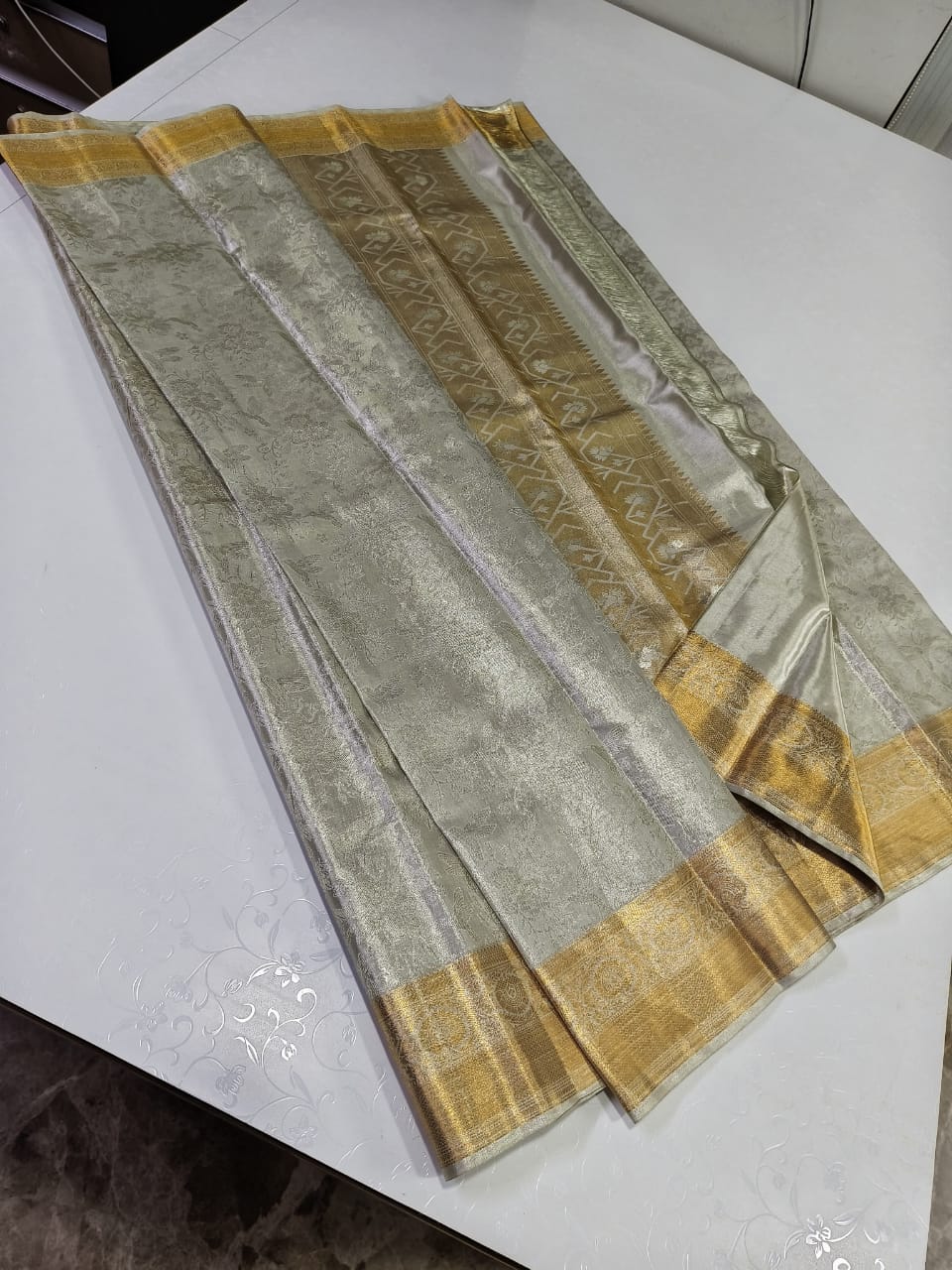 Grey Kanchipuram Silk Saree with Pure 2g Zari Work and Zari Border for Festive
