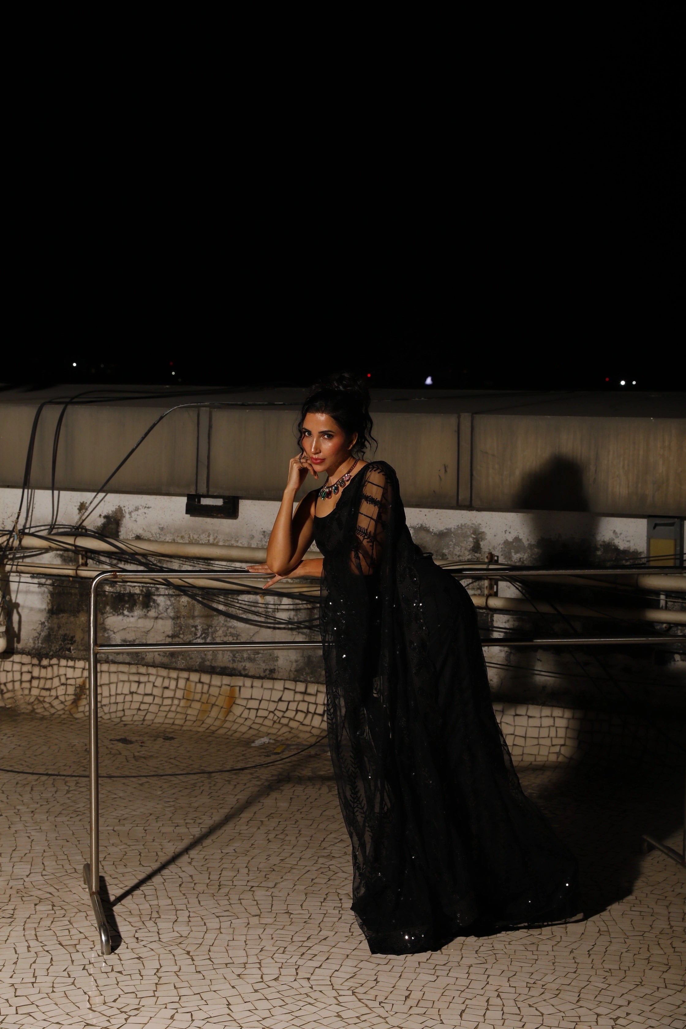 Black Net Sequin with Embroidery Work Saree and Matching Black Sequin Blouse