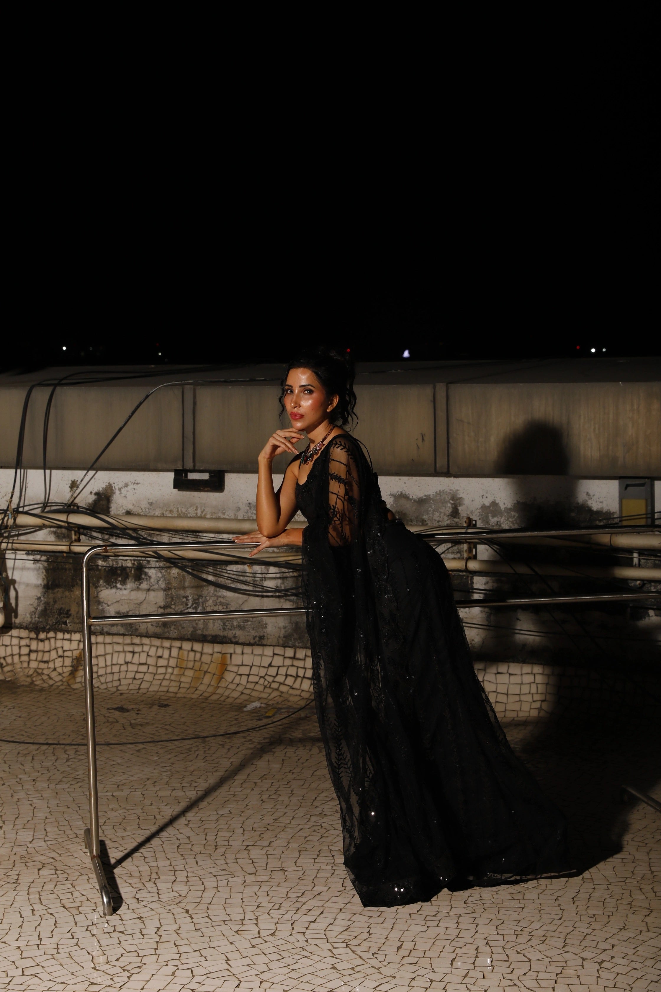 Black Net Sequin with Embroidery Work Saree and Matching Black Sequin Blouse