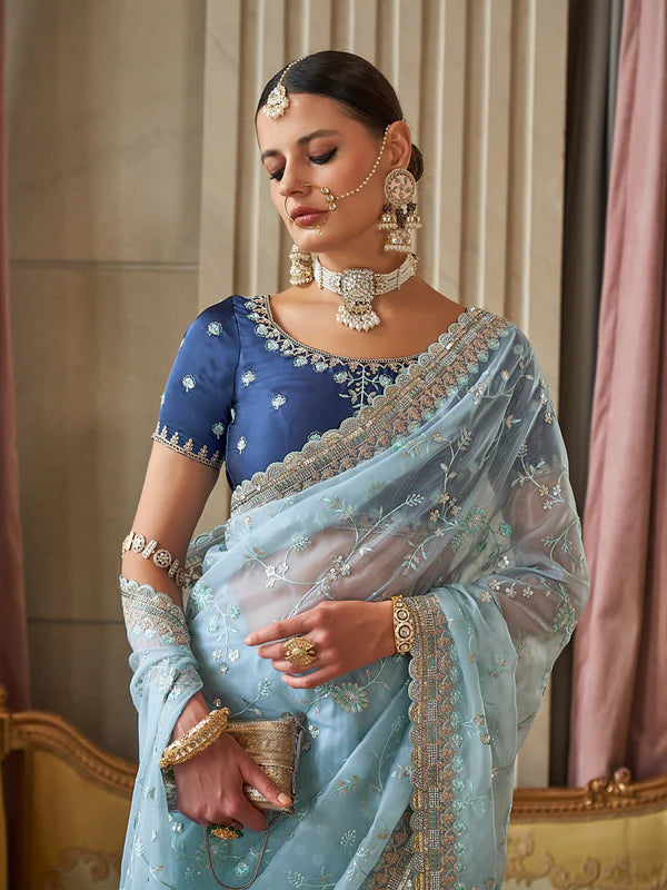 Light Blue Thread Embroidered Tissue Saree