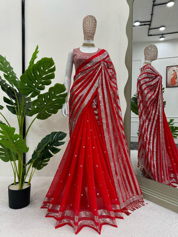 Red Thread Georgette Saree with Sequin and Silver Stripe Work
