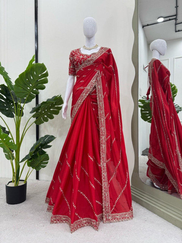 Red Thread Georgette Saree with Sequin and Zari Work