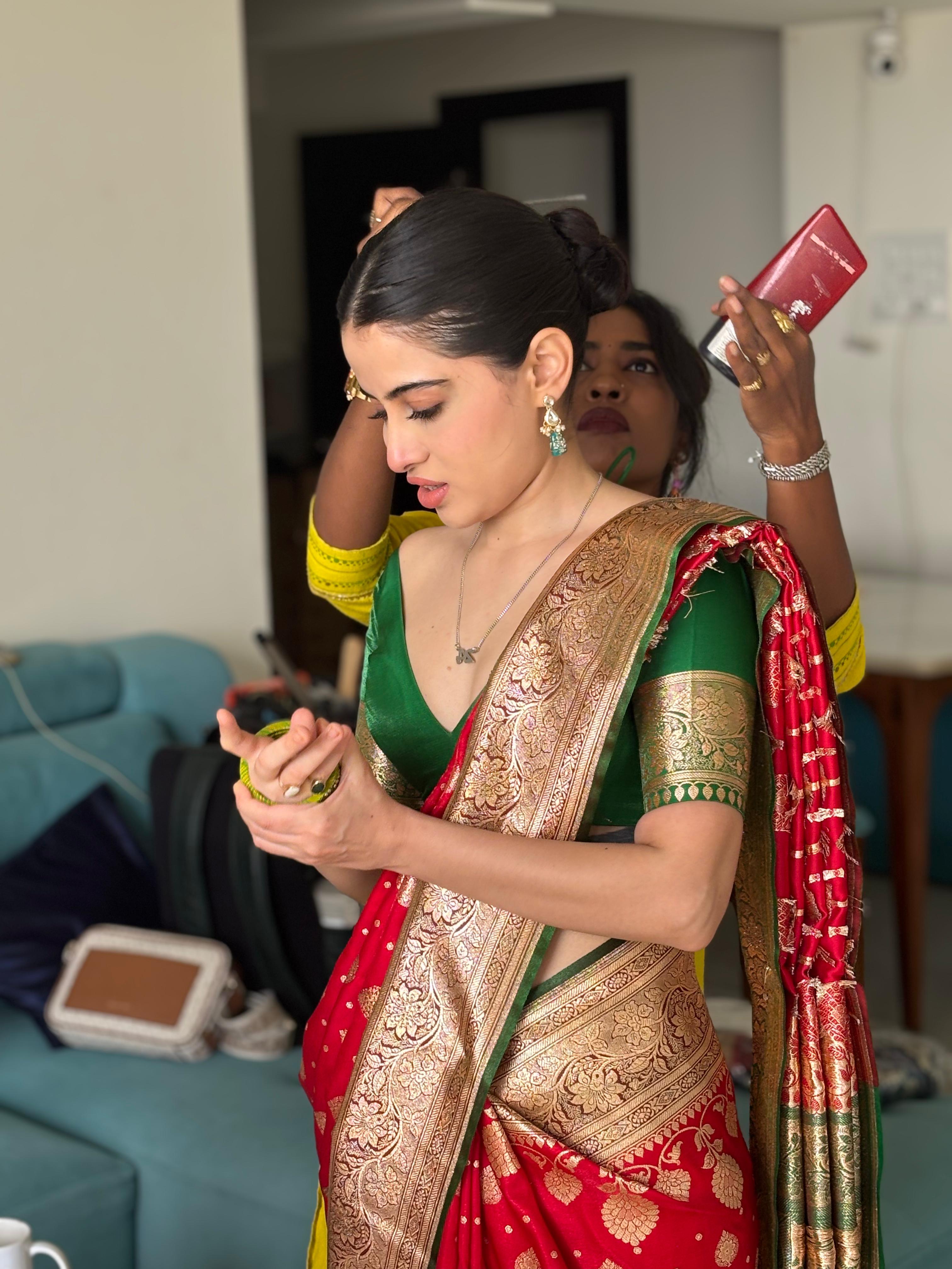 Iconic Red and Green Sindoori Saga Banarasi Silk Saree with Gold Zari Weave and Swarovski Stones all over By Label Nonita