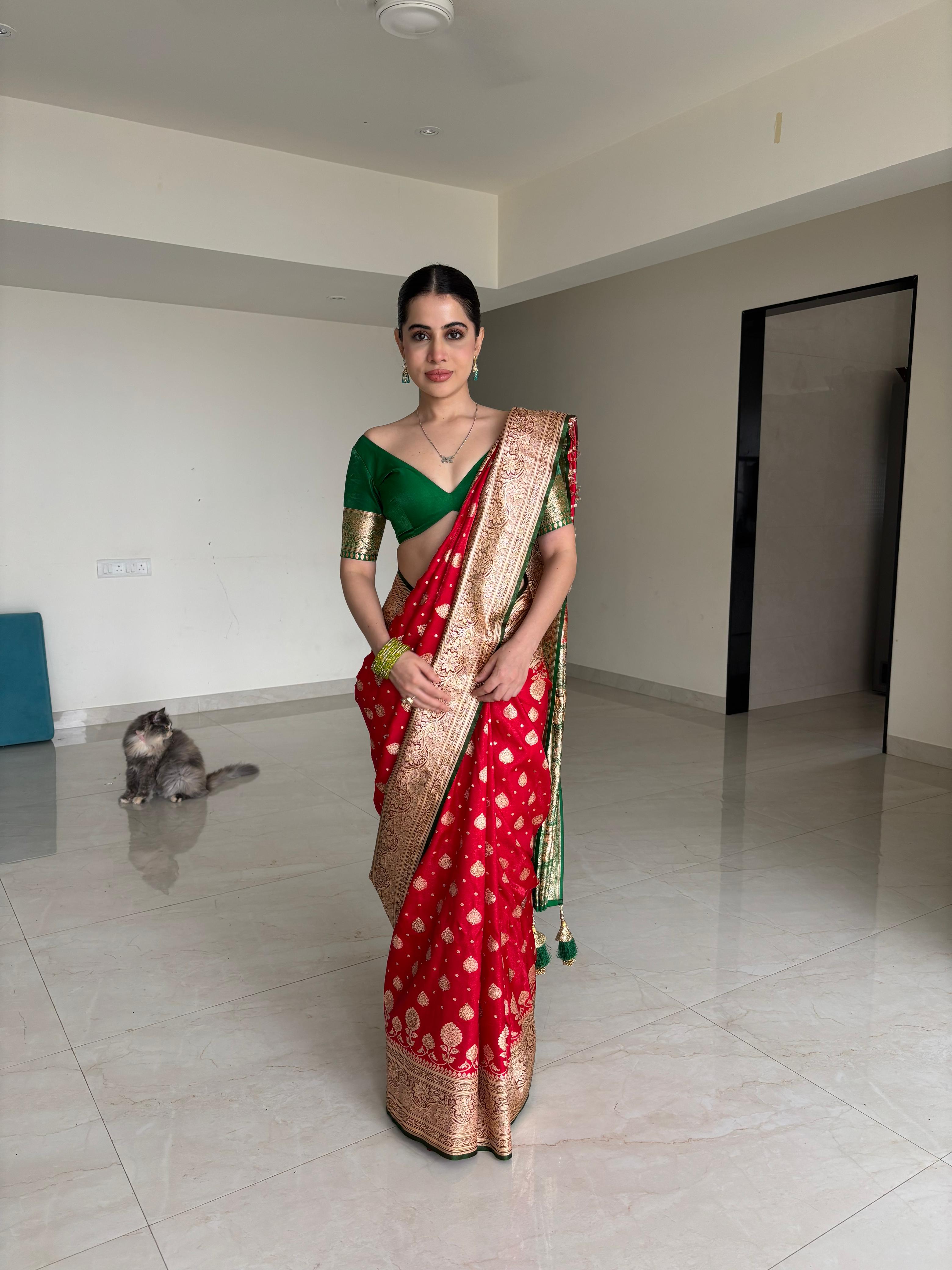 Iconic Red and Green Sindoori Saga Banarasi Silk Saree with Gold Zari Weave and Swarovski Stones all over By Label Nonita