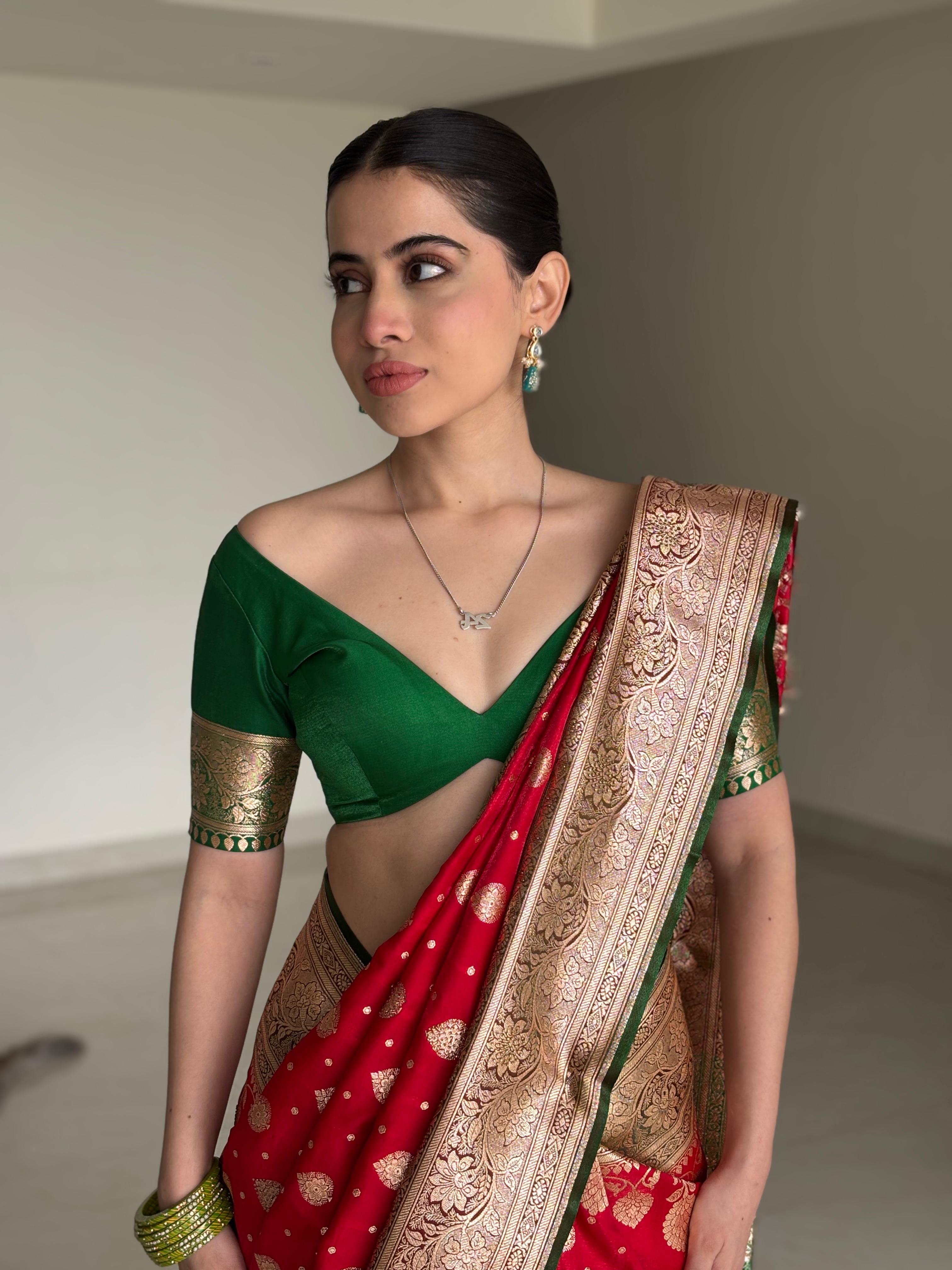 Iconic Red and Green Sindoori Saga Banarasi Silk Saree with Gold Zari Weave and Swarovski Stones all over By Label Nonita
