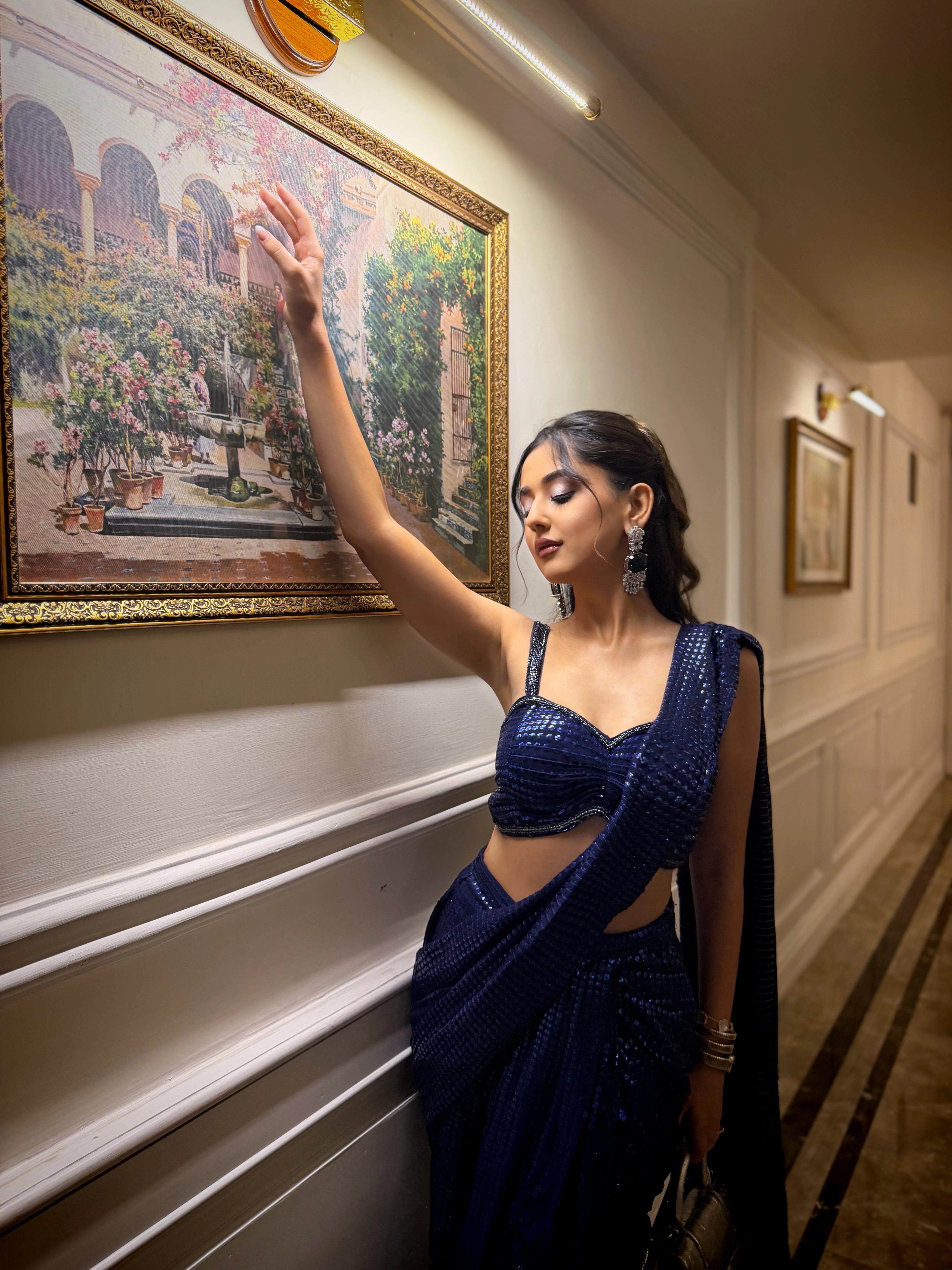 Navy Blue Georgette Saree with All Over Shimmer Sequin Work and Matching Sequin Blouse