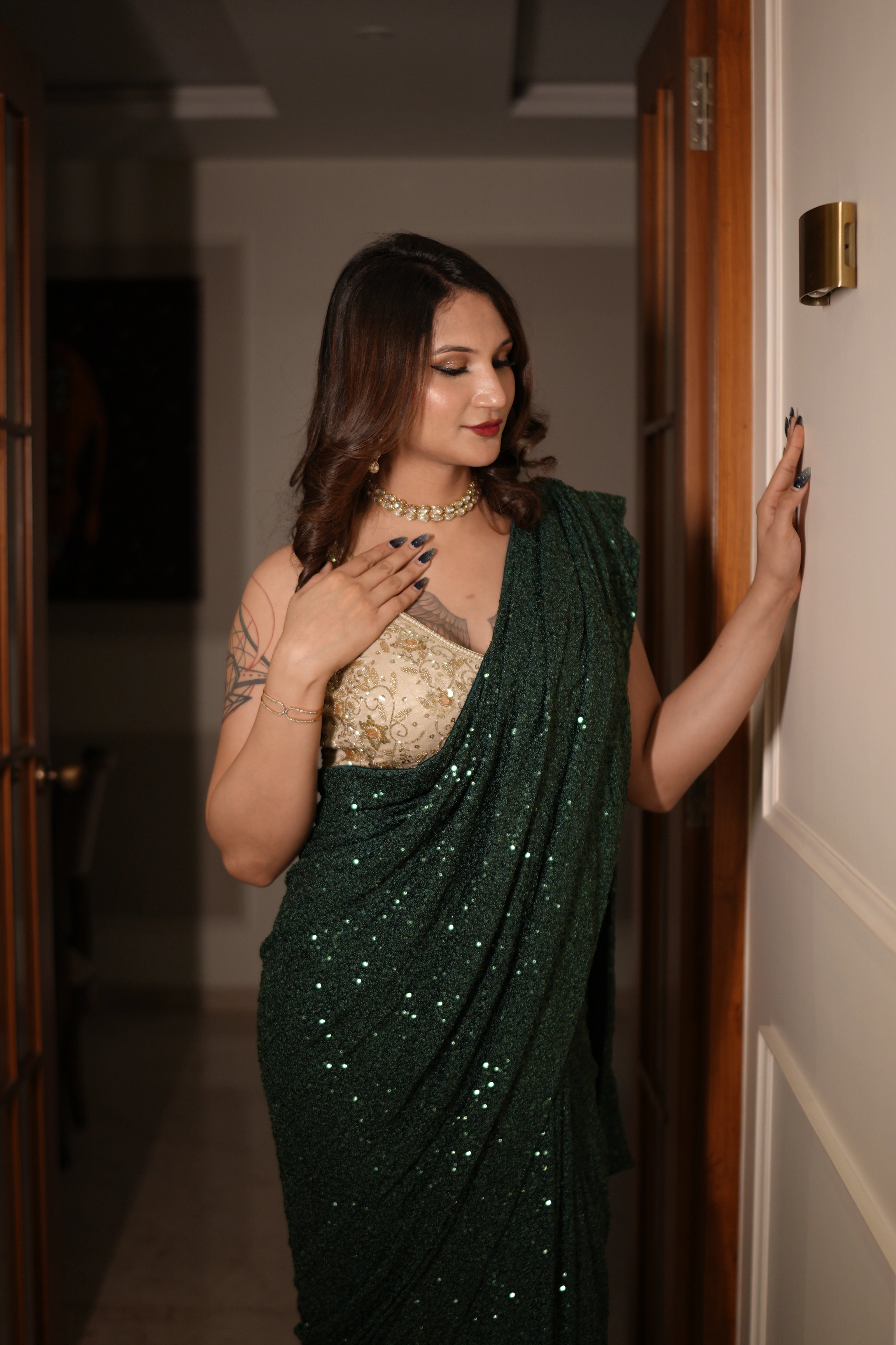 Dark Green Georgette Saree with All Over Shimmer Sequin Work and Matching Sequin Blouse