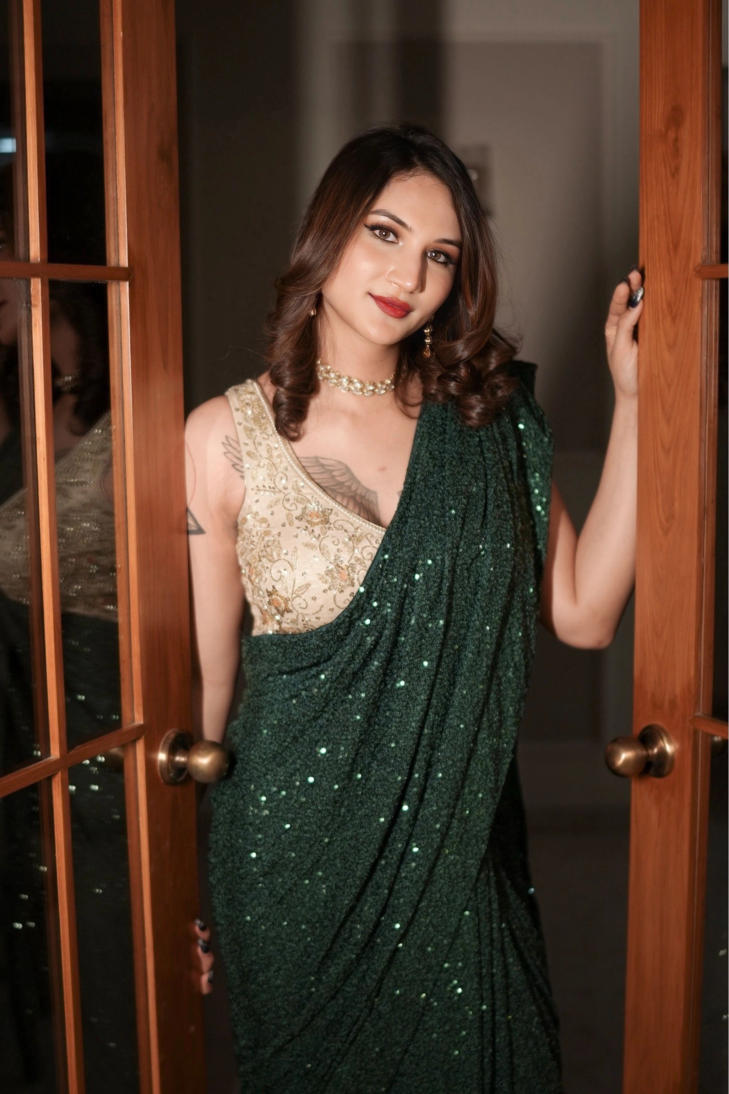 Dark Green Georgette Saree with All Over Shimmer Sequin Work and Matching Sequin Blouse