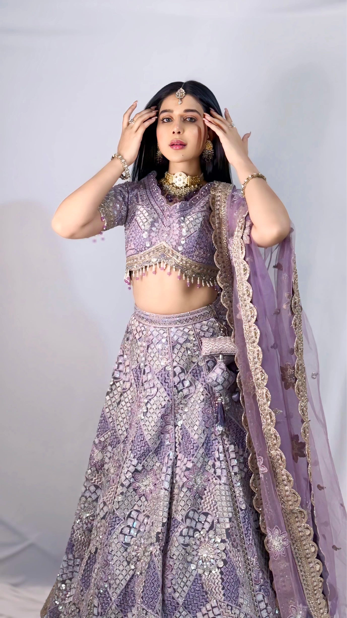 Lavender Silk Lehenga with Floral Embroidery Mirror Stonework and Gold Zari Border Work