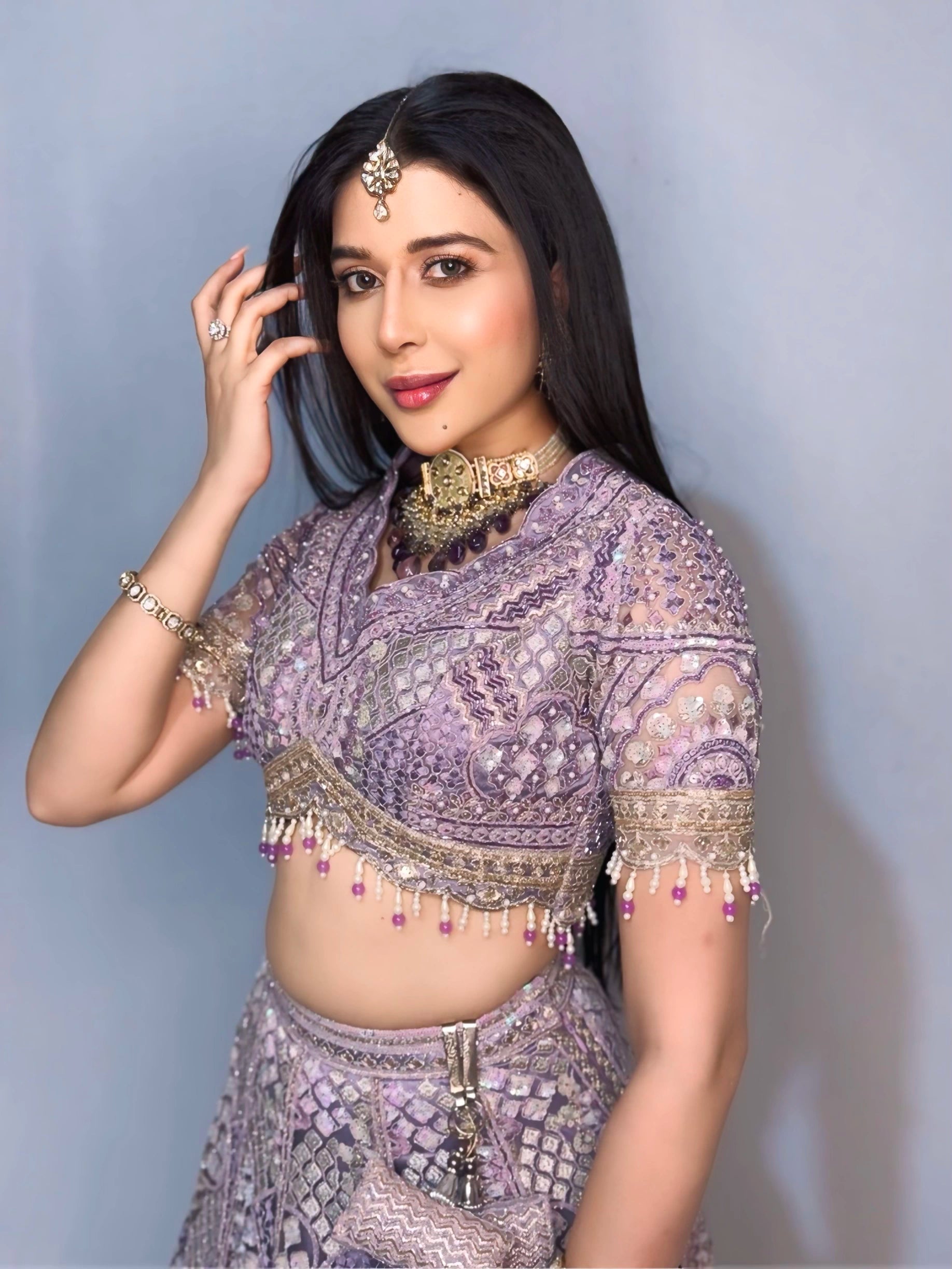 Lavender Silk Lehenga with Floral Embroidery Mirror Stonework and Gold Zari Border Work