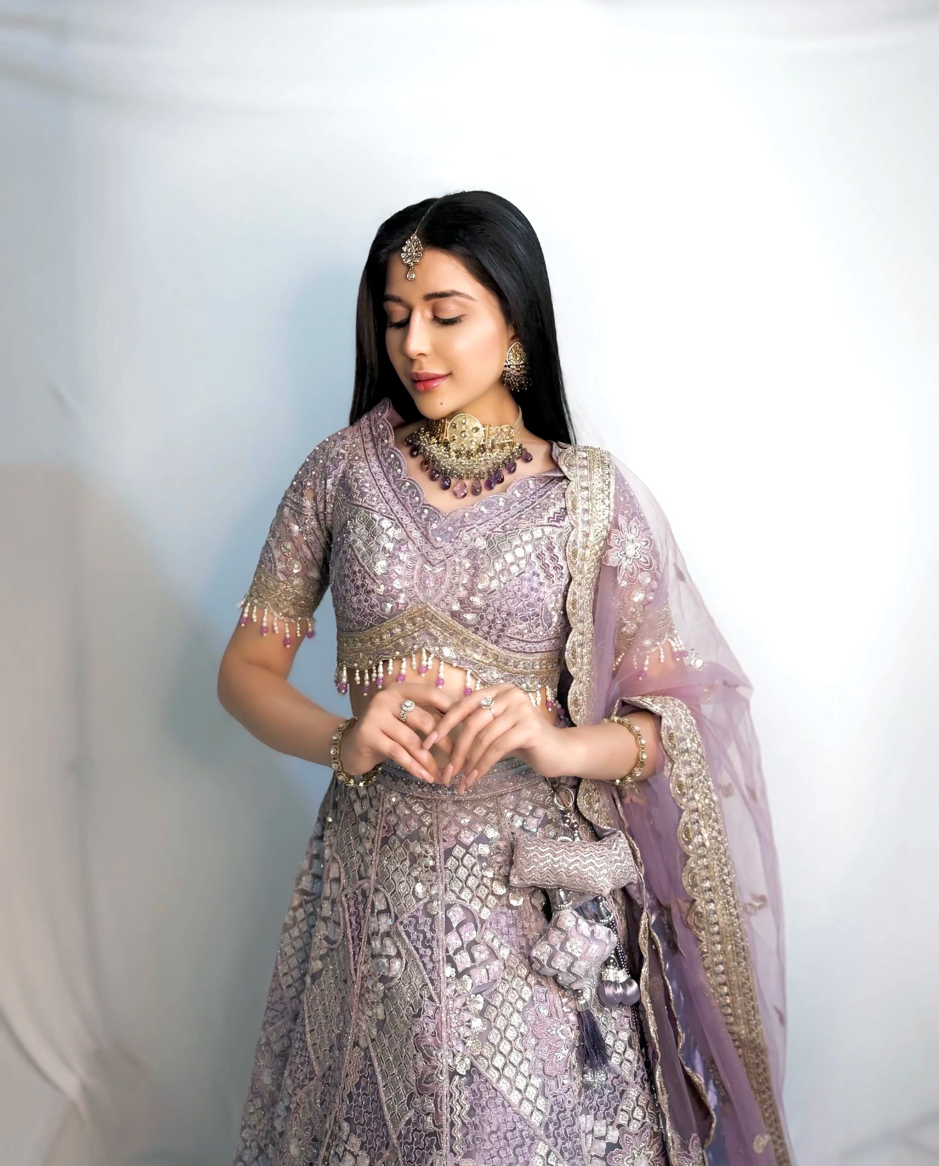 Lavender Silk Lehenga with Floral Embroidery Mirror Stonework and Gold Zari Border Work
