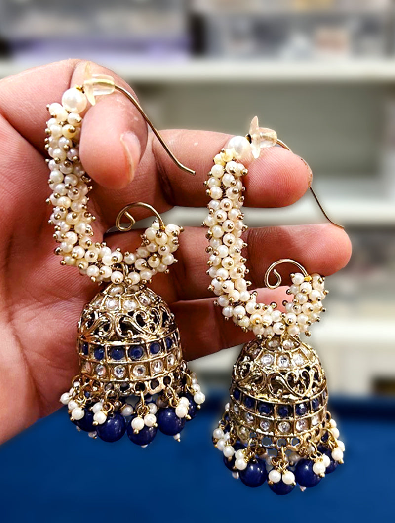 Elegant Navy Blue Beads & Pearl Gold Plated Dangler Earrings - Nonita Fashion