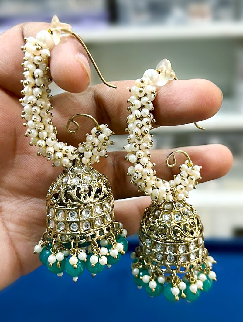 Majestic Bottle Green Beads & Pearl Gold Plated Dangler Earrings - Nonita Fashion